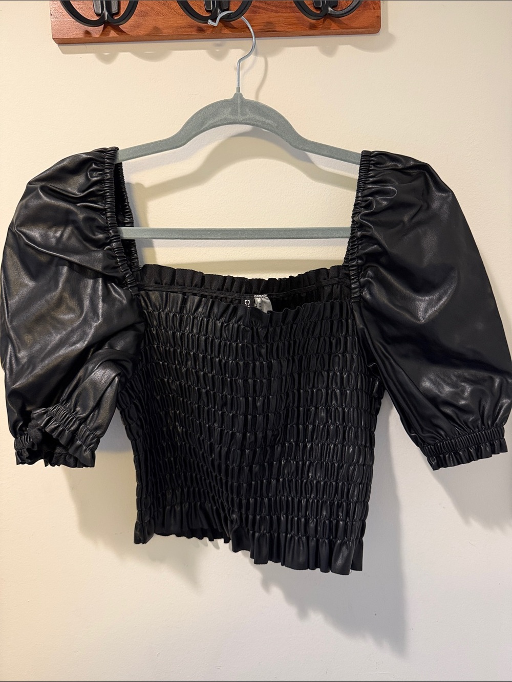 H&M Black Faux-Leather Smocked Puff Sleeve Crop Top